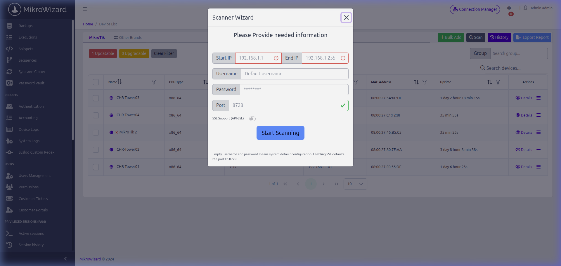 MikroWizard Automated IP and Layer 2 Device Scanner Modal