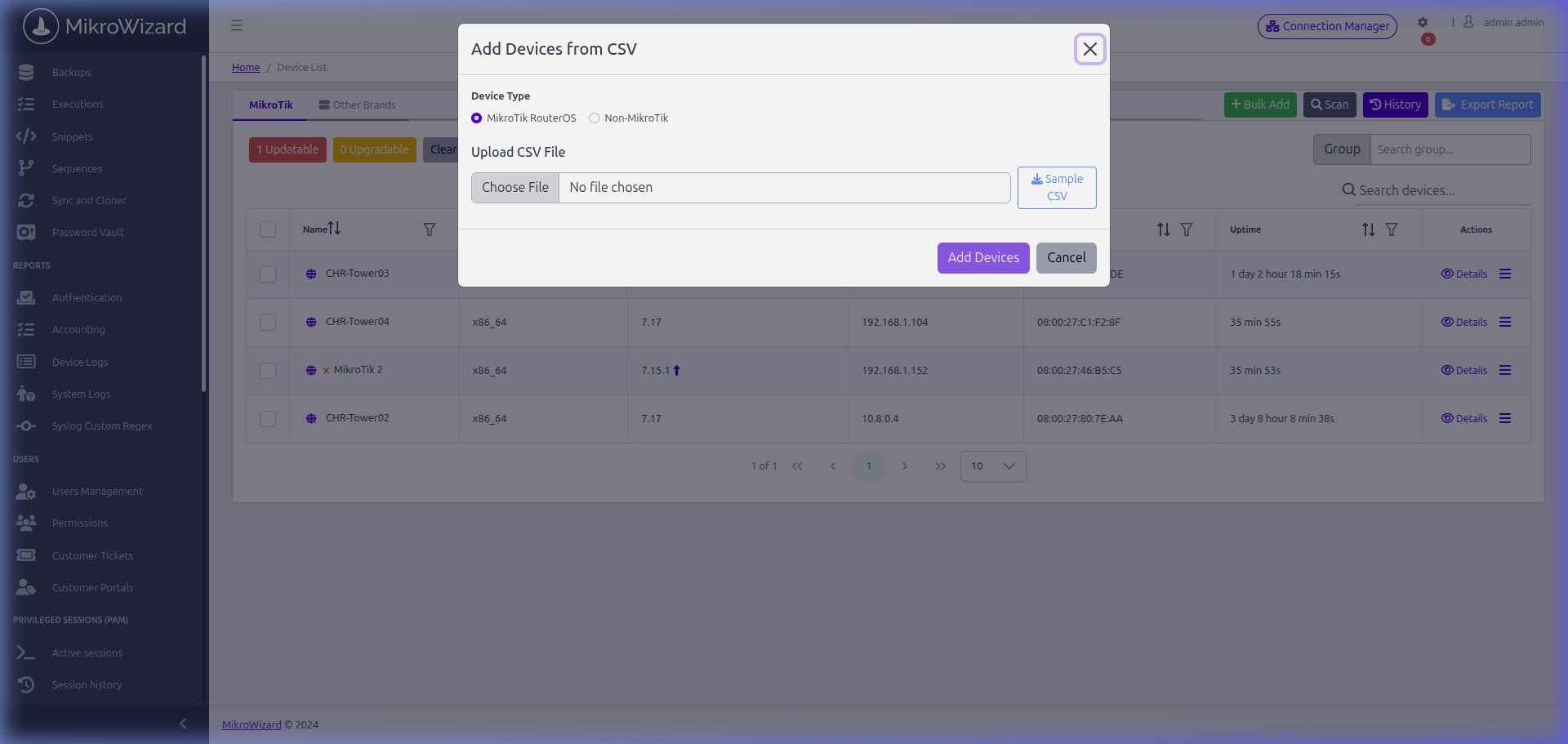MikroWizard MikroTik Bulk Add CSV Modal