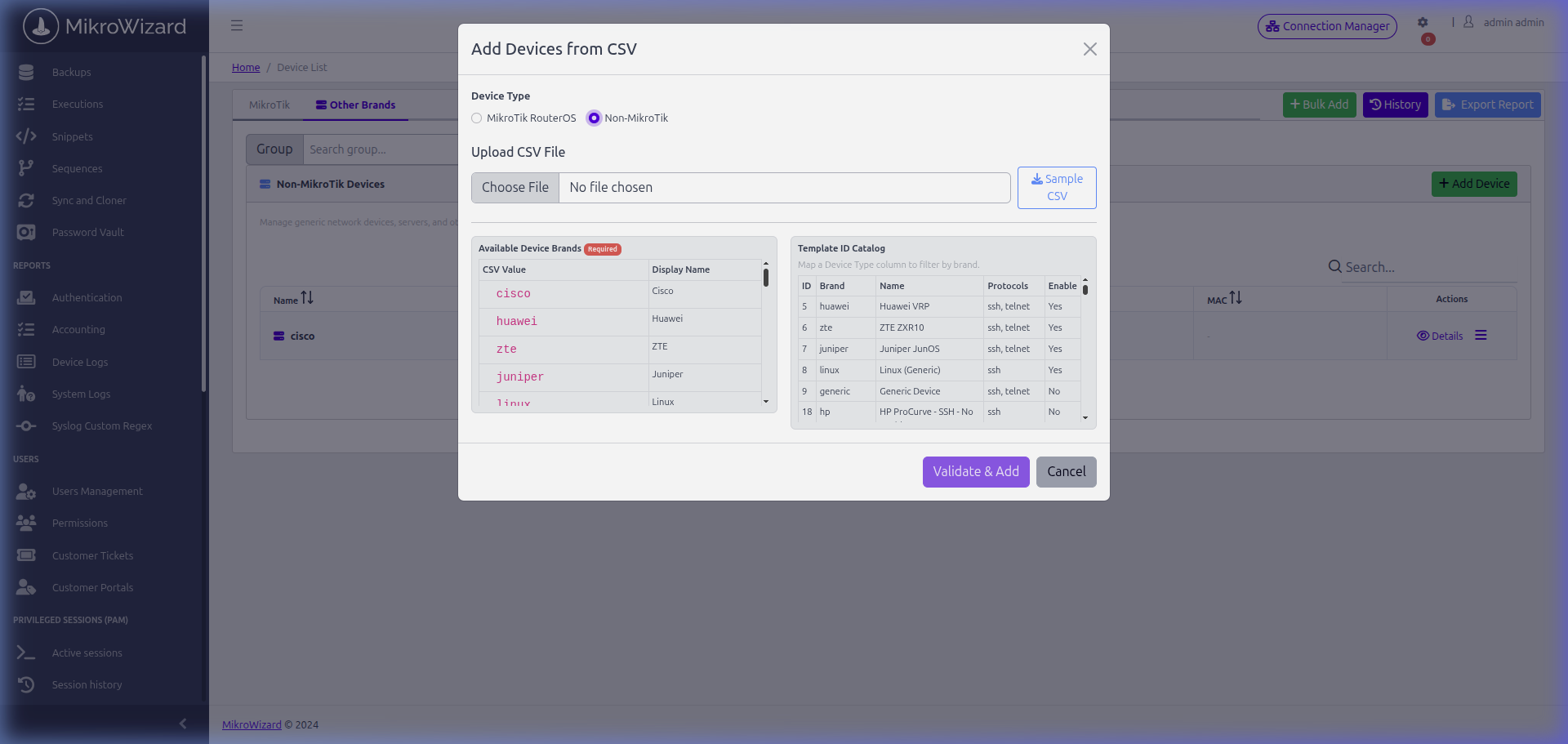 MikroWizard Non-MikroTik Bulk Add CSV Modal