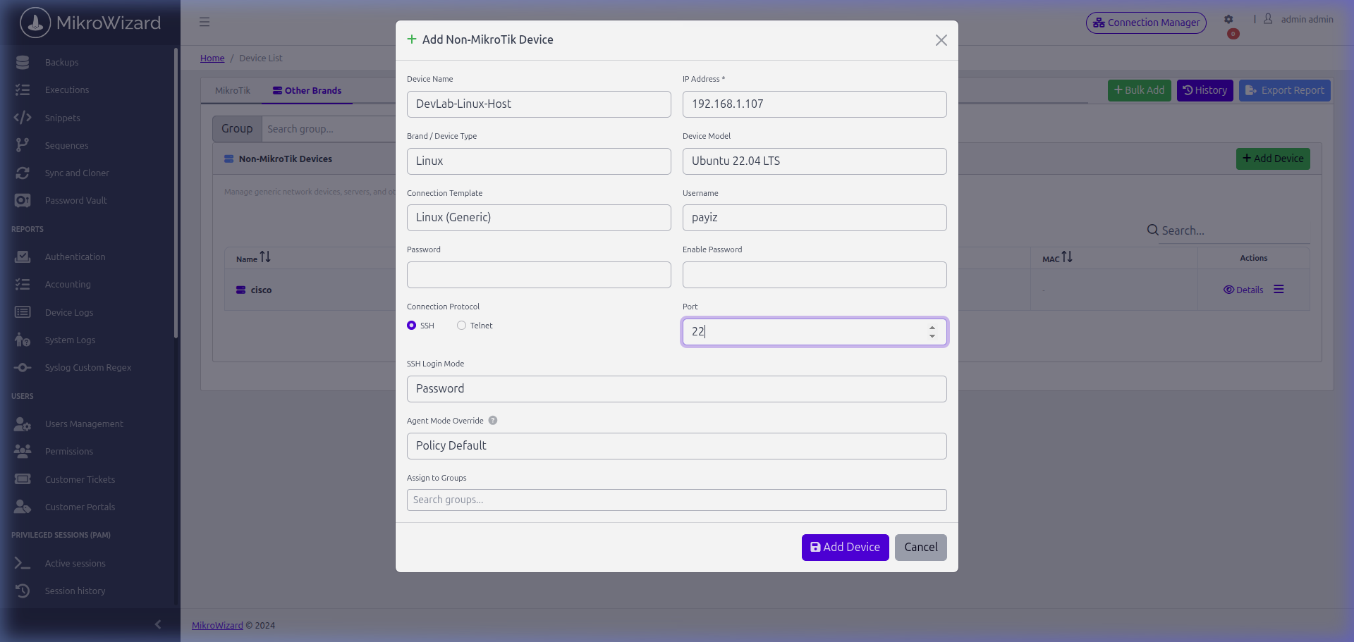 MikroWizard Add Non-MikroTik Linux Device Modal