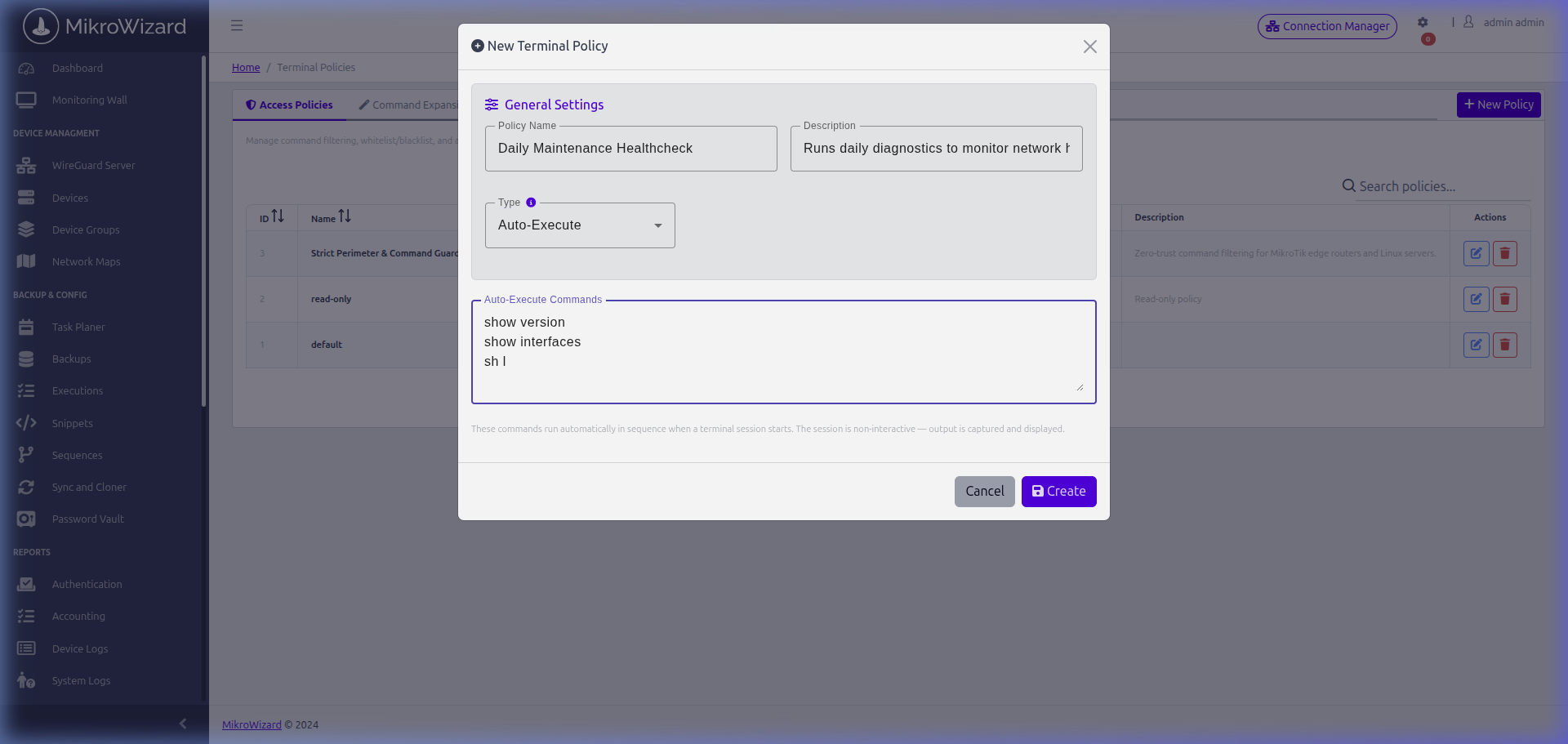 MikroWizard Auto-Execute Policy Modal