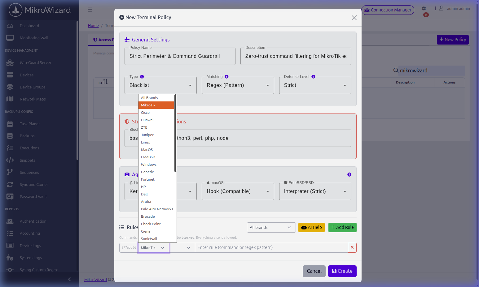 MikroWizard Policy Brand Coverage Dropdown Selection