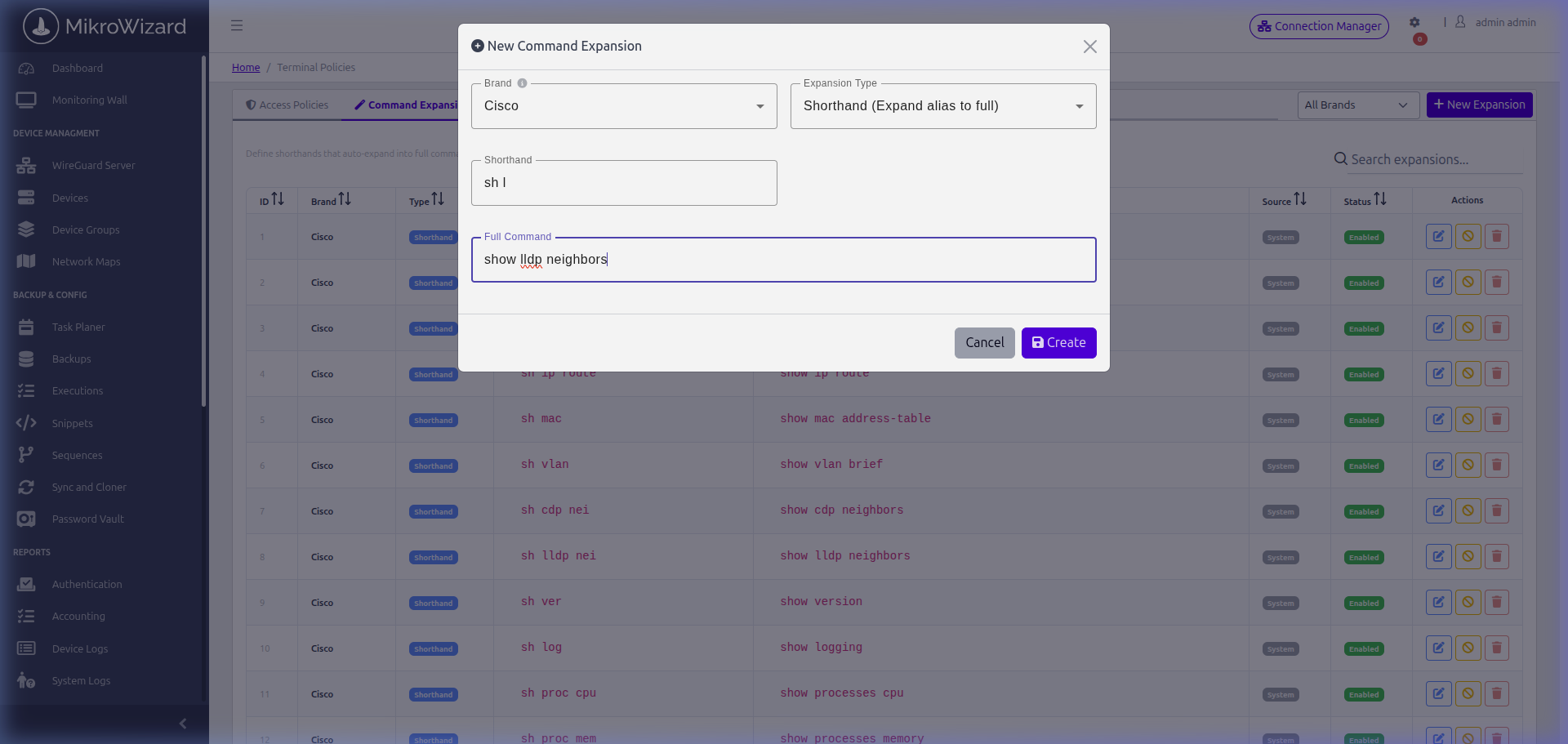 MikroWizard Create Command Expansion Modal Dialogue