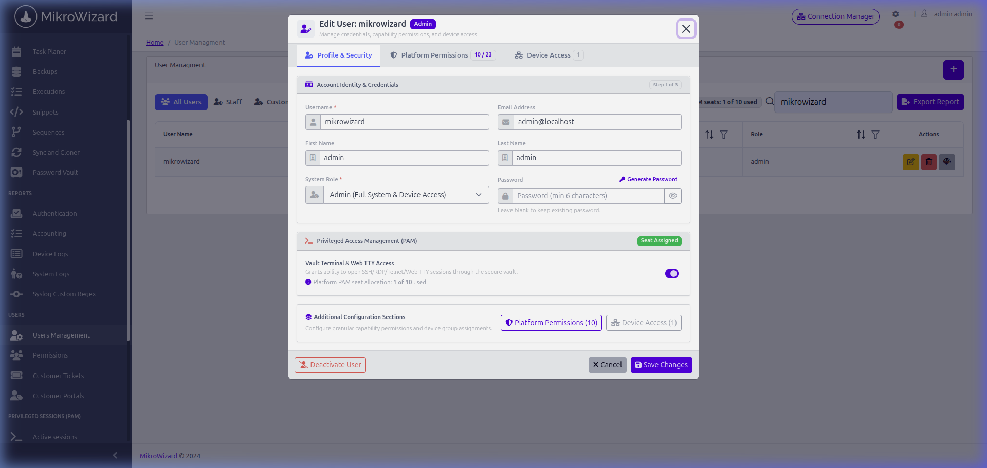 MikroWizard Edit User Modal with PAM Terminal Access Permission Toggle