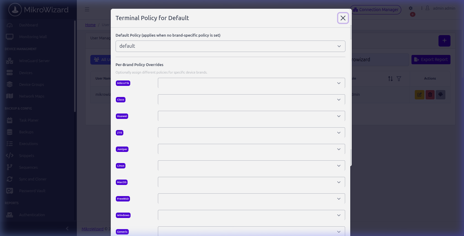 MikroWizard Assign Terminal Policy to Device Group Modal Dialogue