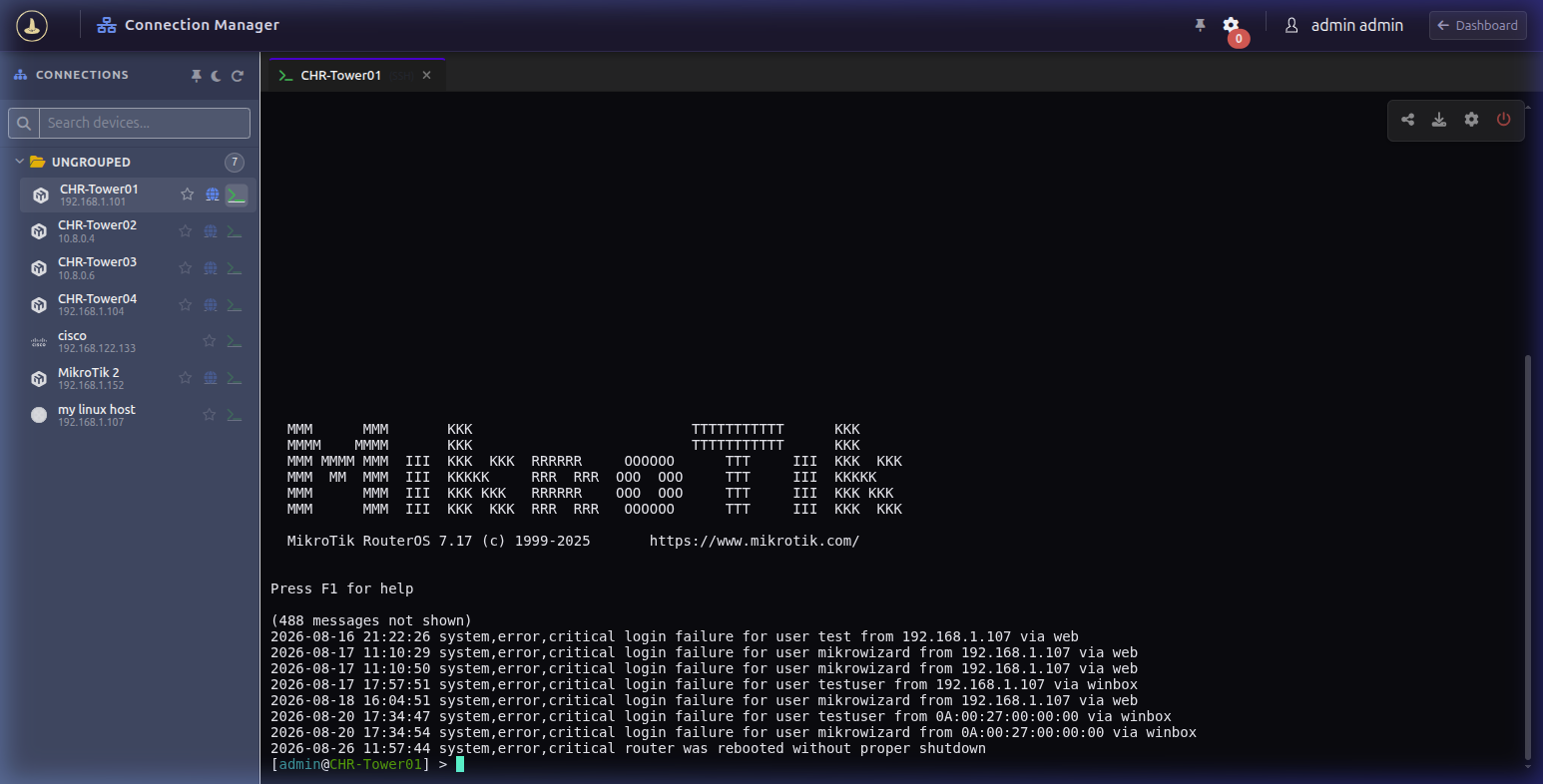 MikroWizard In-Browser Web TTY Terminal Session on CHR-Tower01