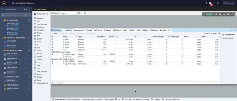 MikroWizard WebBox running MikroTik WinBox 4 in the browser inside the Connection Manager