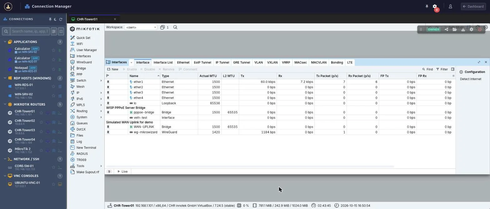 WebBox running WinBox 4 in the browser inside the MikroWizard Connection Manager