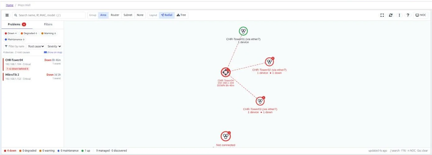 MikroTik network map v2 Problems drawer showing the root cause device and devices down behind it