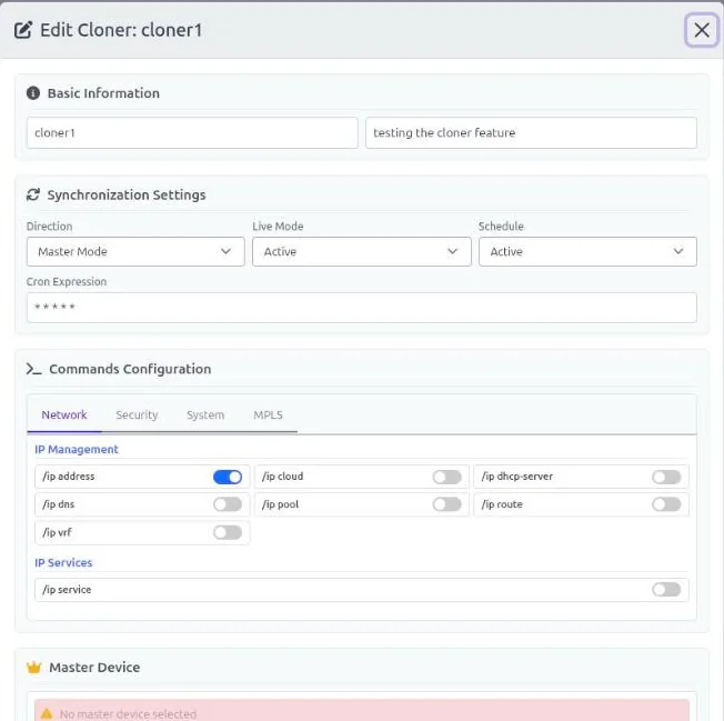 MikroWizard Sync and Clone editor for MikroTik showing master mode, live mode, schedule and RouterOS config sections